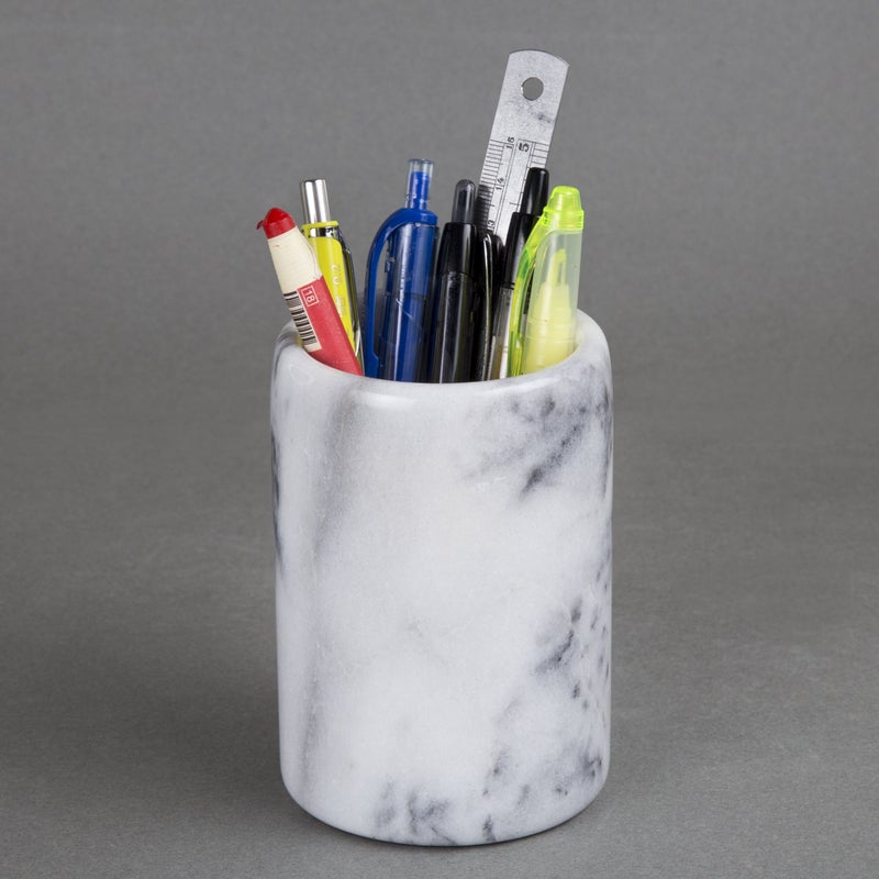Creative Home Solid Natural Marble Pen Holder â€“ Heavyweight Pencil Cup Organizer for Desk, Vanity, or Bathroom, 3.3" Diameter x 4.5" Height, Off-White with Unique Stone Patterns - Image 3